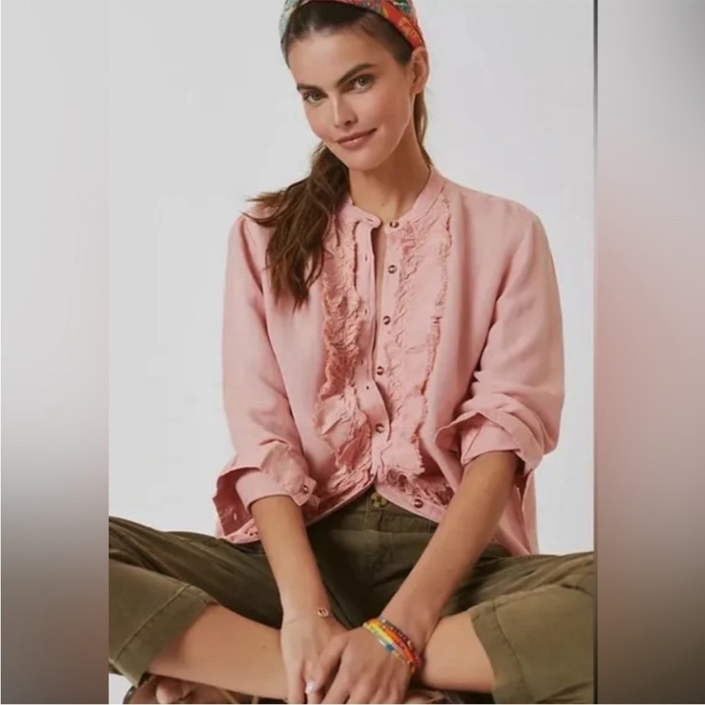 Pilcro Anthropologie Ruffled Long Sleeve Button Down Top